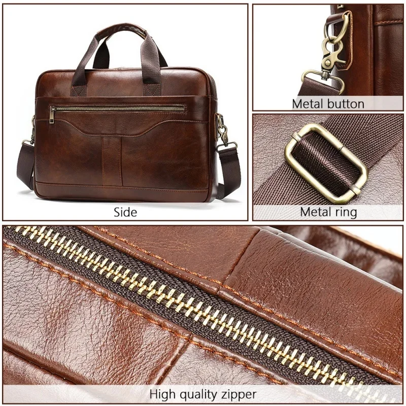 New Business Men Handbag Vintage Genuine Briefcase Male Office Laptop Cow Leather Shoulder Bag