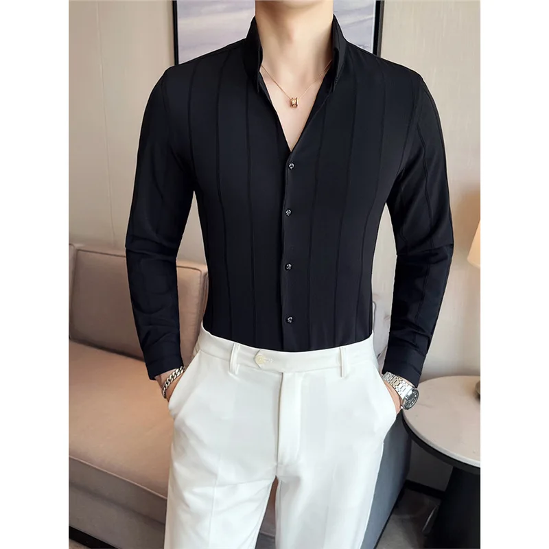 Italian Naples Men's Long-sleeved Shirt Light Luxury Fashion High-end Striped Casual Shirt White Black V-neck Men's Shirt