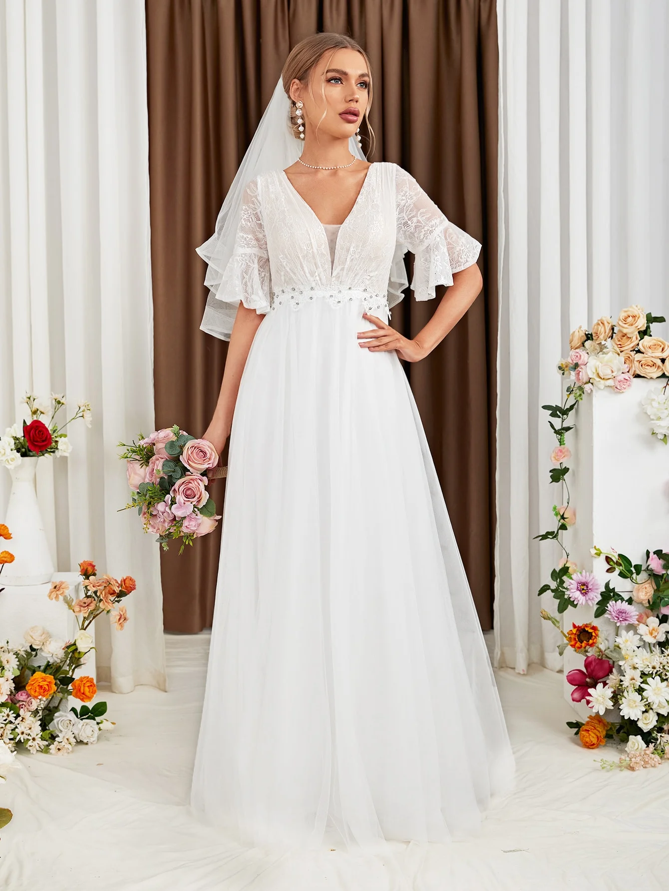 UNITHORSE Vestido de novia blanco con paneles de encaje, falda para dama de honor, elegante vestido de tul para la parte superior del cuerpo de UNITHORSE
