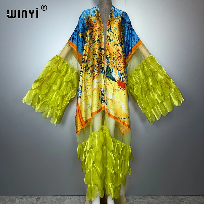 WINYI fashion sexy Kimono Women Print coat Long Sleeve Cardigan abaya dubai luxury beachwear Cover Up boho dress holiday Caftan
