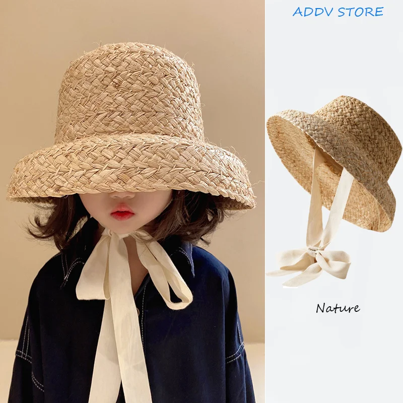 

INS French Niche Style Children's Pot Lid Lafite Straw Hat Bell-shaped Large-brimmed Fisherman's Straw Hat Summer Beach Sun Hat