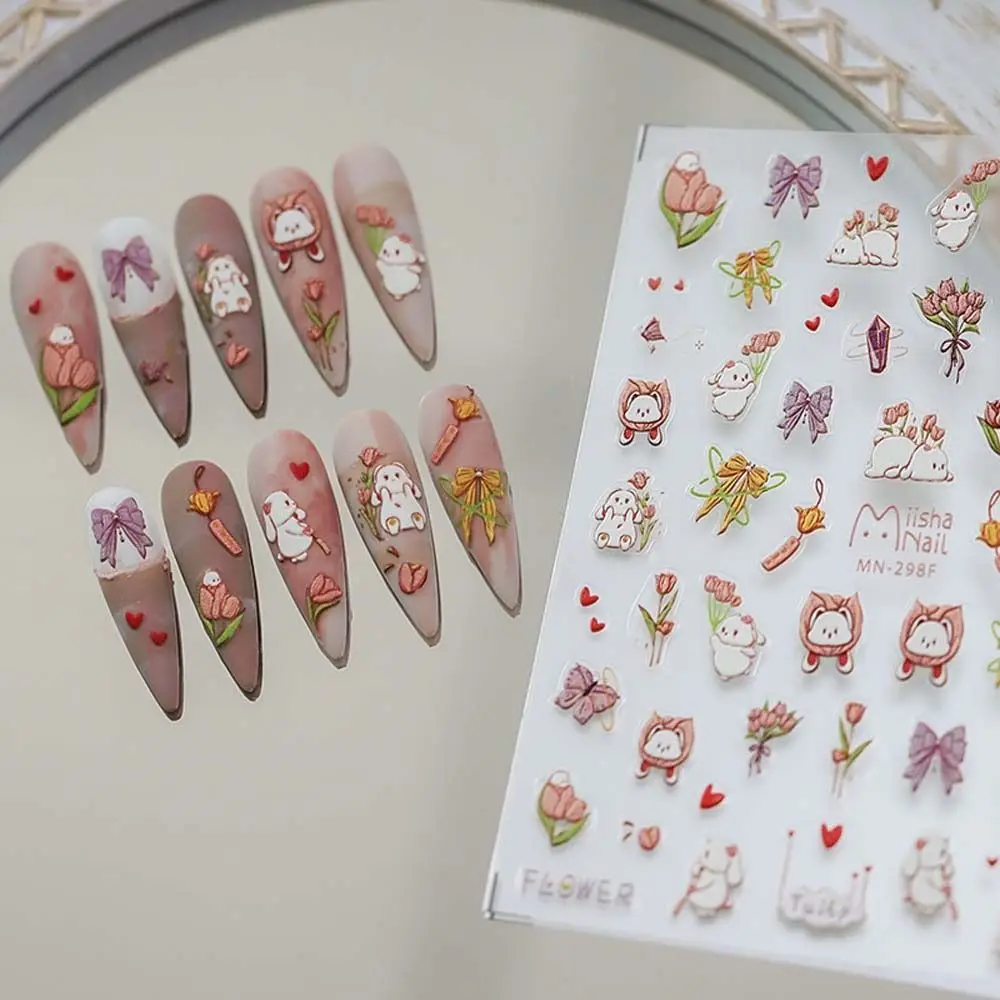 5D Realistic Lovely Cartoon Bunny Rabbit Fairy Tale Butterfly Bear Adhesive Nail Art Stickers Decals Manicure Charms Accesories