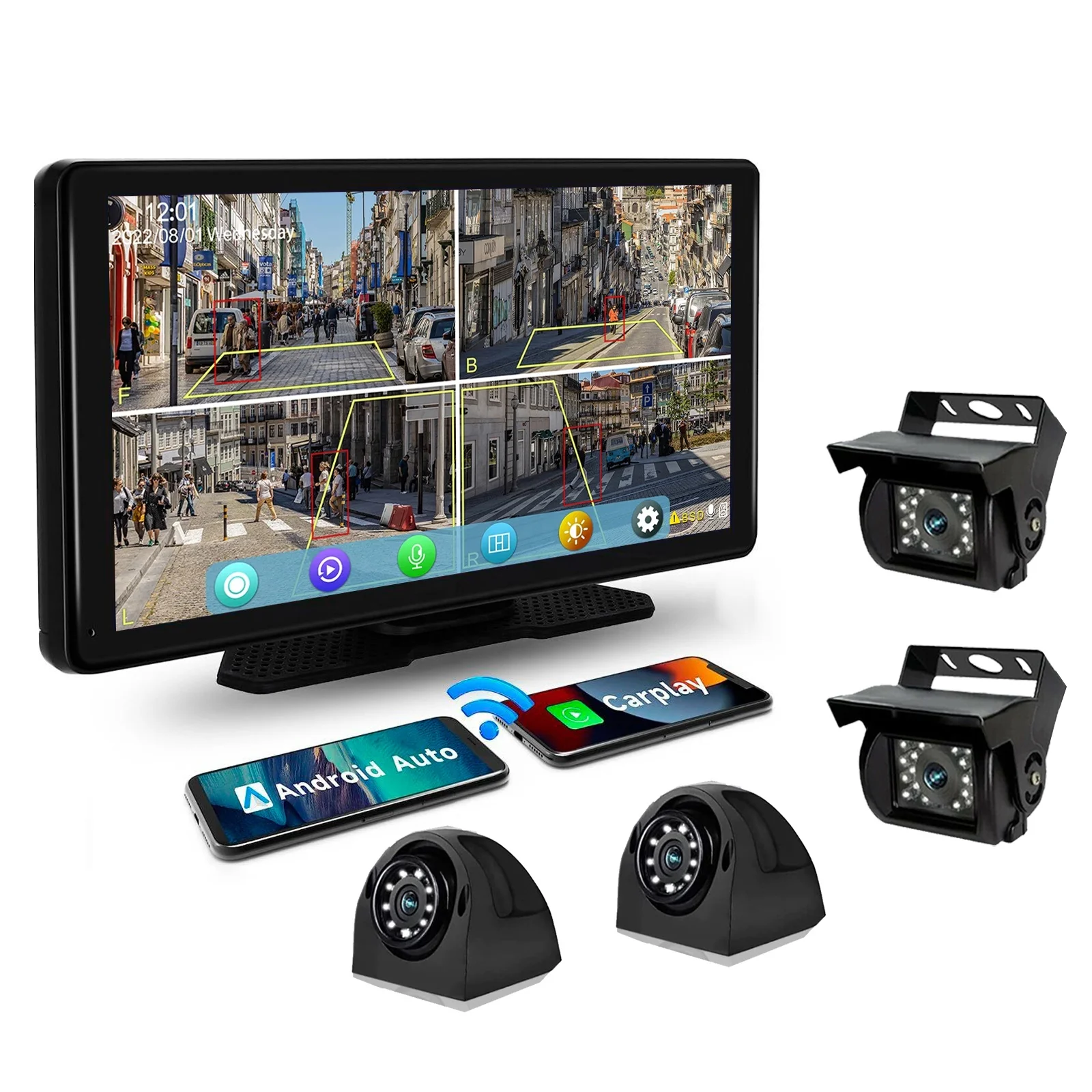 

10.36in 4ch Truck Monitor DVR AI Blind Spot Detection Smart Carplay Android Auto 360 Degree 1080P Rearview Cameras Kit