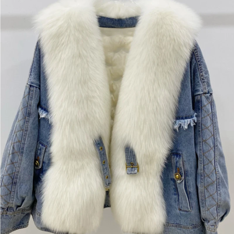 2023 New Winter Women Down Denim Jacket Real Fox Fur Coat High Quality Thick Soft Big Collar Short Warm Loose Fashion Parka