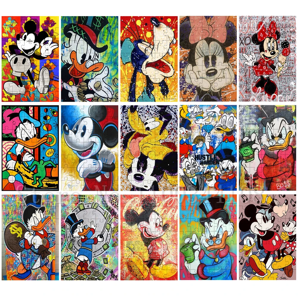 Disney Mickey Minnie Mouse Donald Duck Jigsaw puzzle per bambini 35 pezzi Graffiti Art puzzle in legno assemblare giocattoli da gioco