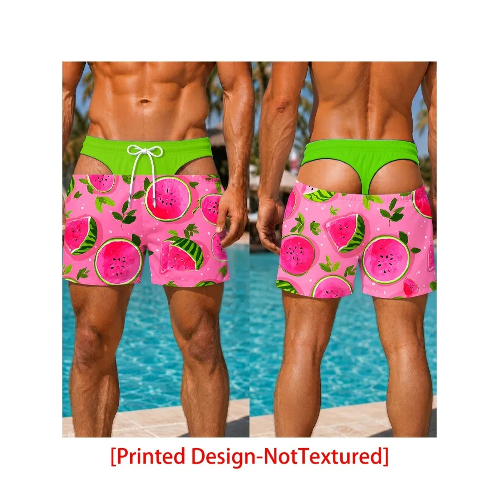 Mens Pink Watermelon Fruit Fake Butt Cutout Optical Illusion Quick Dry Beach Swim Shorts