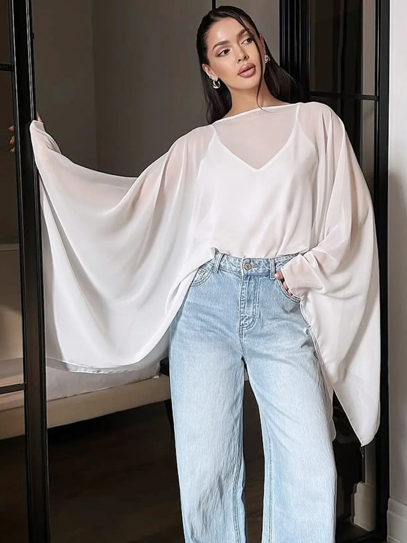 

Fmxires 2025 Autumn New Round Neck Thin Sun-protective Shirt Chiffon Shirt Irregular Sun Protection Two-piece Set