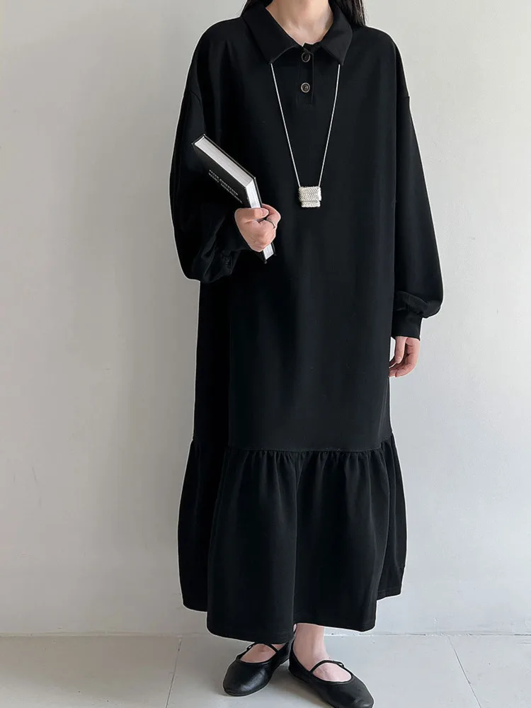 WHTREND Abito camicia lunga con volant patchwork con risvolto per donna Autunno Nuovi abiti moda vestibilità ampia WH1683