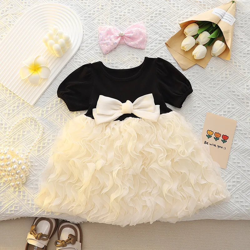 

2025 New Summer Girls Tulle Princess Dress Fashion Stylish Net Dress for Baby Toddler Short Sleeved Dress with Bow