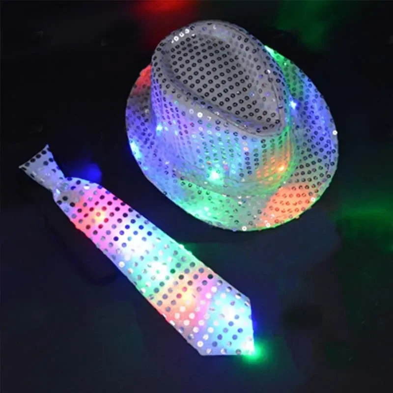 Sombrero Fedora de Jazz con lentejuelas y lazo con luz LED para niños y adultos, gorro de disfraz de regalo de fiesta de neón intermitente, Festival de boda y cumpleaños