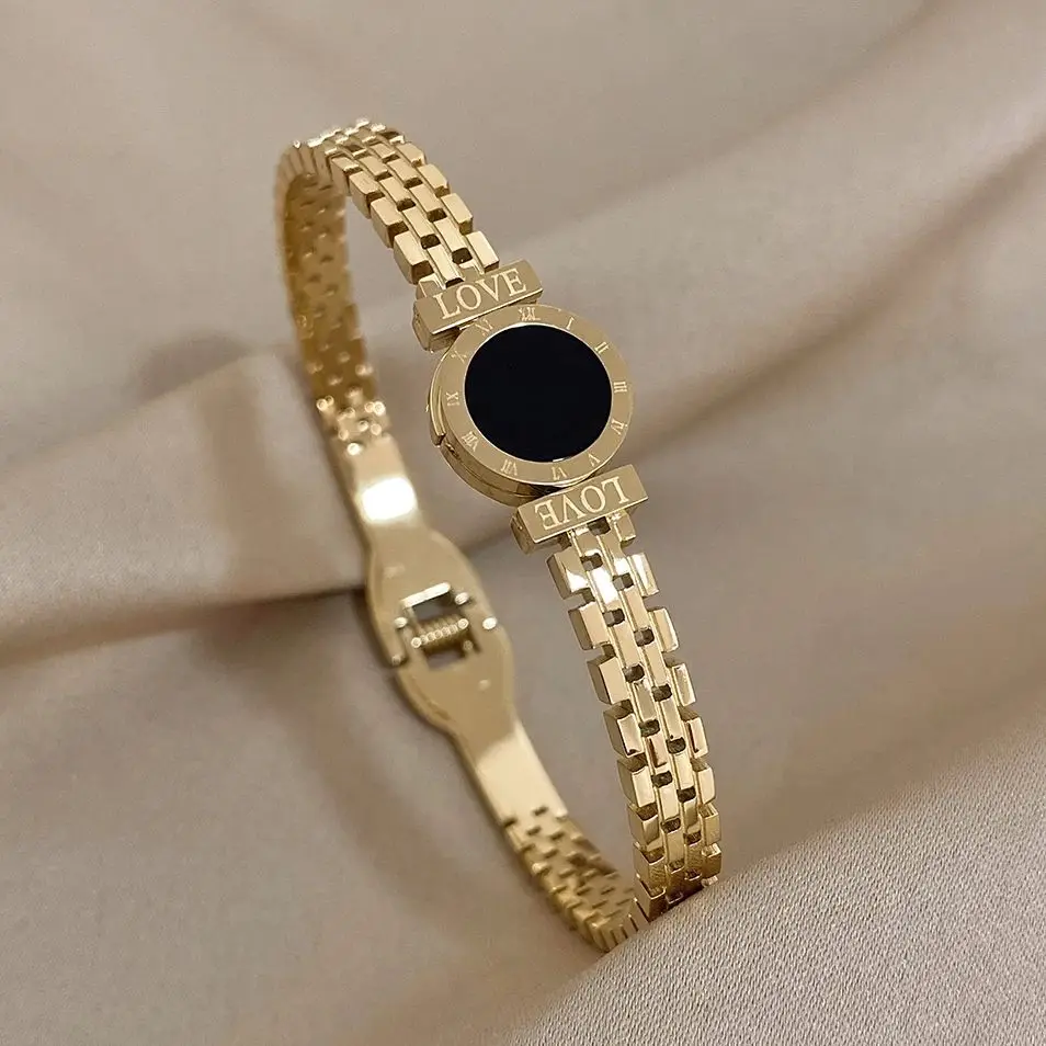 Timeless Roman Numeral Love Stainless Steel Cuff Bracelets Black Stone Gold Silver Color Couple Bangles Valentine's Day Gifts