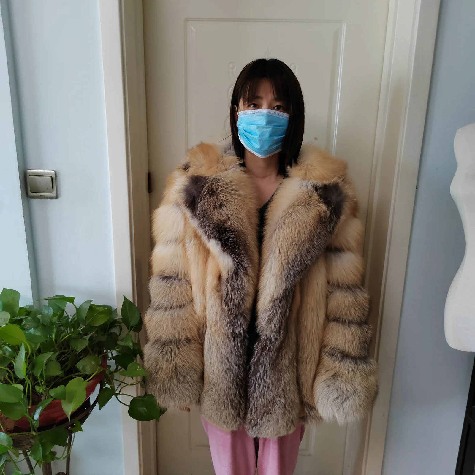 custom raccoon fur coat real fox fur  long style hooded fur coat men's coat