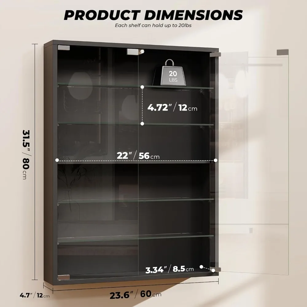 6-Tier Wall Display Case with LED Lights, Glass Doors, Adjustable Shelves, Black view 2
