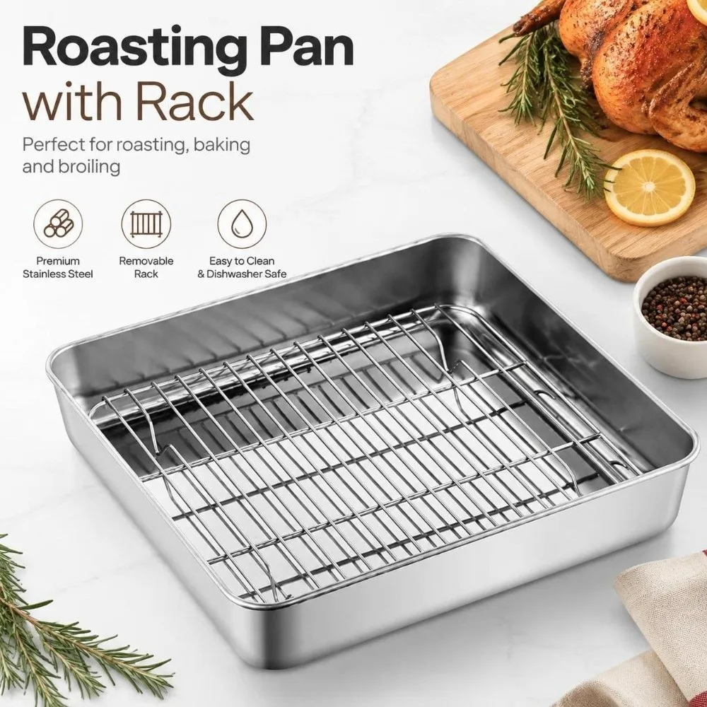 304 Stainless Steel Roasting Pan with Rack Raised Cooling Rack Deep Edge Square Baking Tray Polished Silver