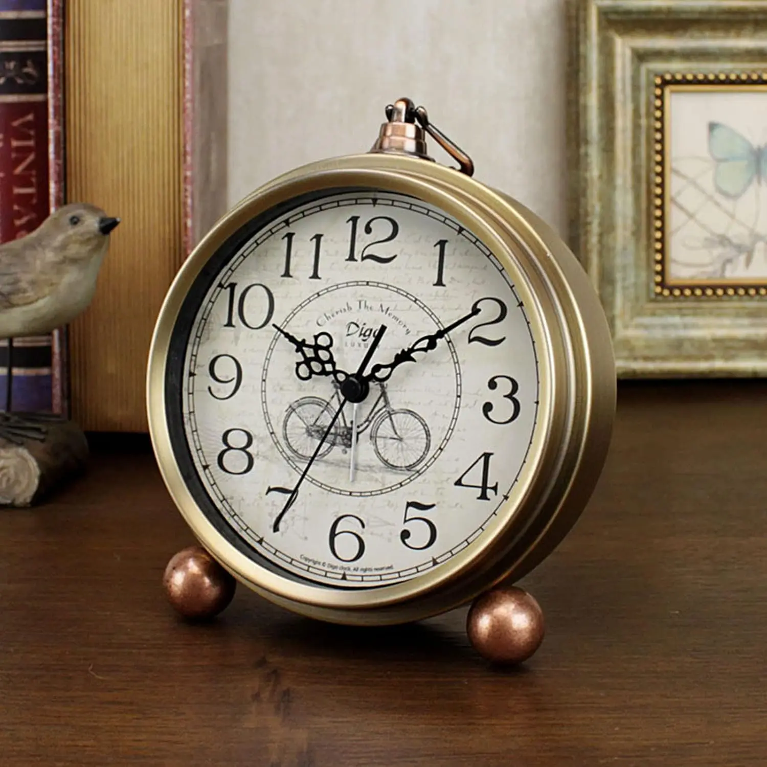 Metal Golden Table Clock, Retro Vintage Non-Ticking Small Alarm Clock,Battery Operated Silent Quartz Movement HD, Customized