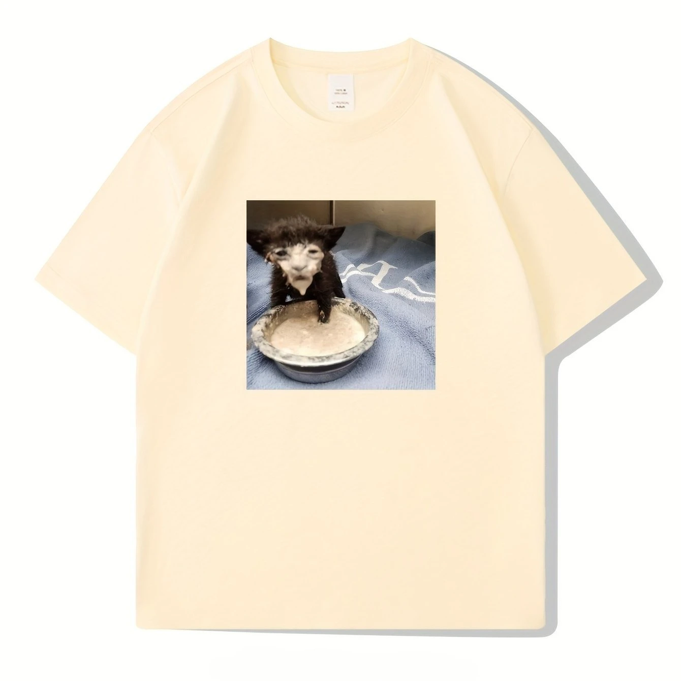 Men Cotton Casual Short Sleeve T-Shirt with Cute Kitten Ice Cream Cartoon Print Summer Round Neck Tee Machine Washable