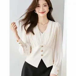 New Chiffon Shirt Women's Long Sleeved Small Fragrant Style Western-style Slim Fit Short Top Design Sense Niche Trend