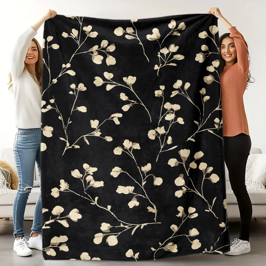 Beige Eucalyptus Branch Silhouette Solid Black Base Flannel Throw Blanket, Soft Warm Sofa Cover,Minimalist Gift Bedroom Rest Use