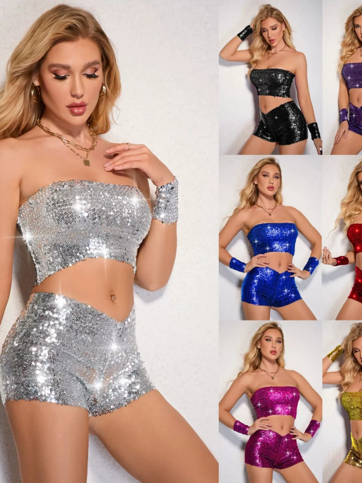 

Shiny Sequin Performance Costume Set Short Pants for Women Night Market Workwear Stage Performance Traditional Ethnic Women's...