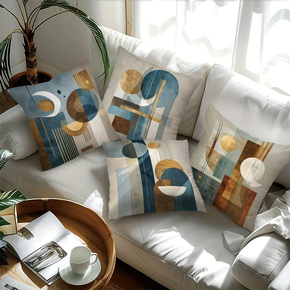 Set of Four Throw Pillow Covers with Abstract Geometric Blue and Beige Pattern for Sofa Decor
