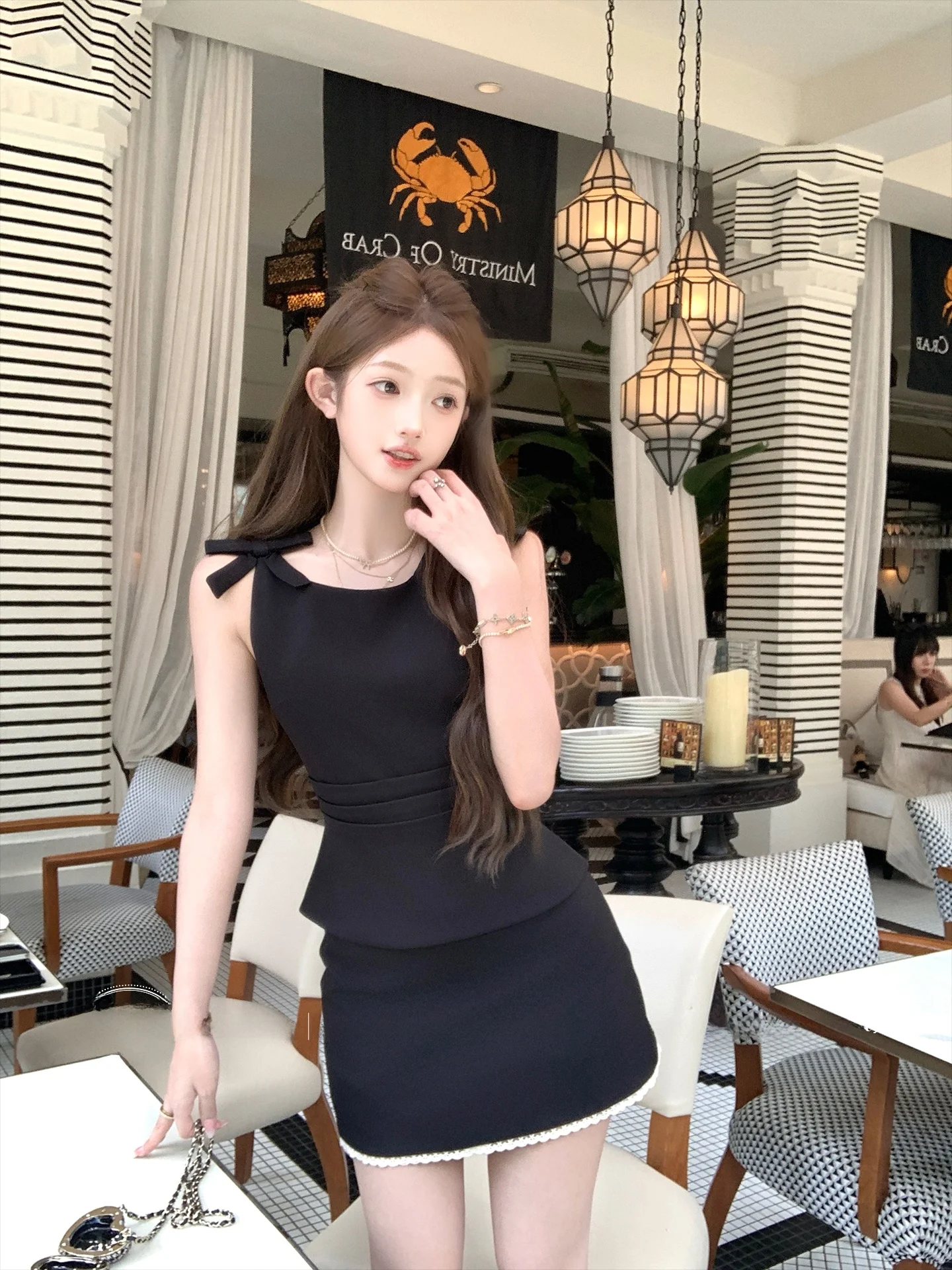 Summer Elegant Black Short One-Shoulder Waist-Cinched  Knot Top with Ruffle A-Line Skirt Women's Fashion Set