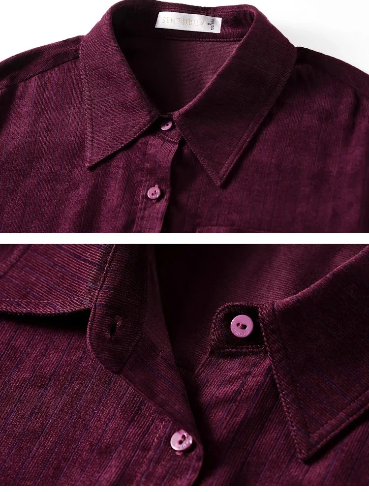 SENTUBILA القطن سروال قصير قميص للنساء 2025 الخريف عادية زهرة مطرزة كم طويل قمصان السيدات قمة حمراء 153C80507 #5