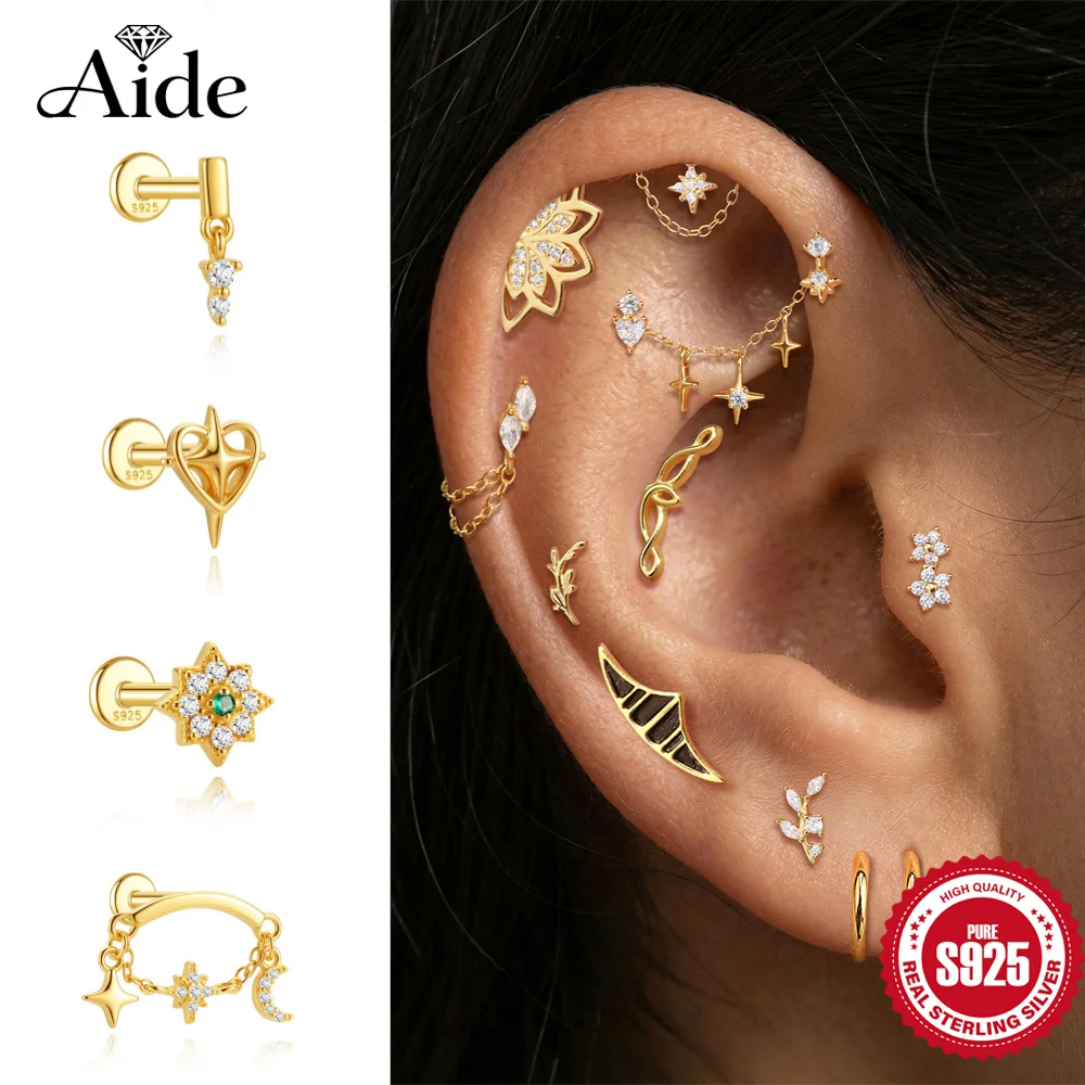 AIDE 925 Sterling Silver Lotus/Geometric Sailboat/Smooth Simple Vine Branch For Women Flat Back Piercing Earrings Fine Jewelry