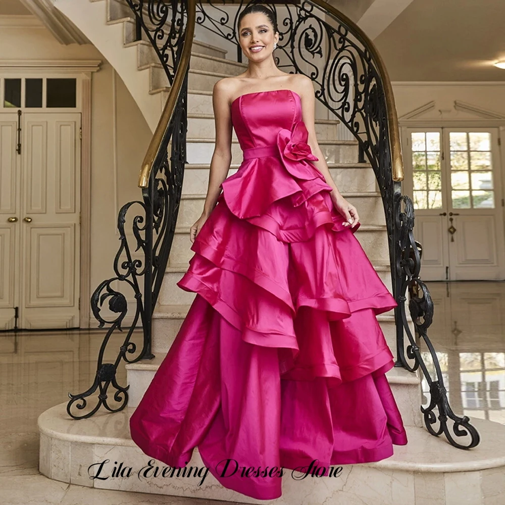 Robe de soirée élégante personnalisée en satin, sans bretelles, longueur ras du sol, coupe trapèze, sans manches, avec fleurs délicates, pour célébrités