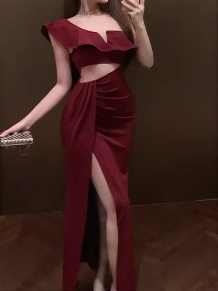 Abito da sera irregolare in vita a rete trasparente con volant e una spalla Abito da festa da discoteca aderente con spacco alto rosso nero da donna sexy