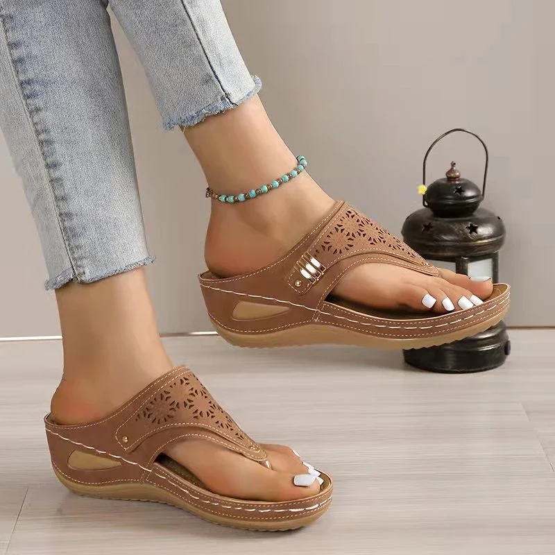 Woman Leather Non-Slip Soft Platform Shoes Flip Flops Summer Women's Wedge Sandal with Heel 2023 Orthopedic Sandals 43 image 4