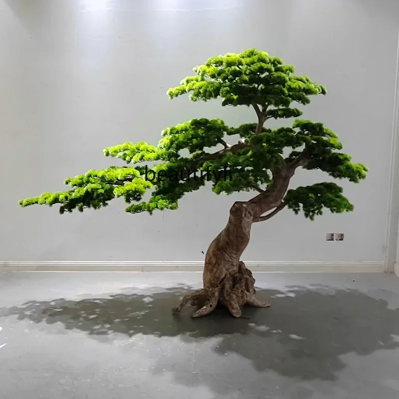 P Large-scale simulated welcome pine root carving solid wood pine Arhat pine stairwell landscaping floral arrangement