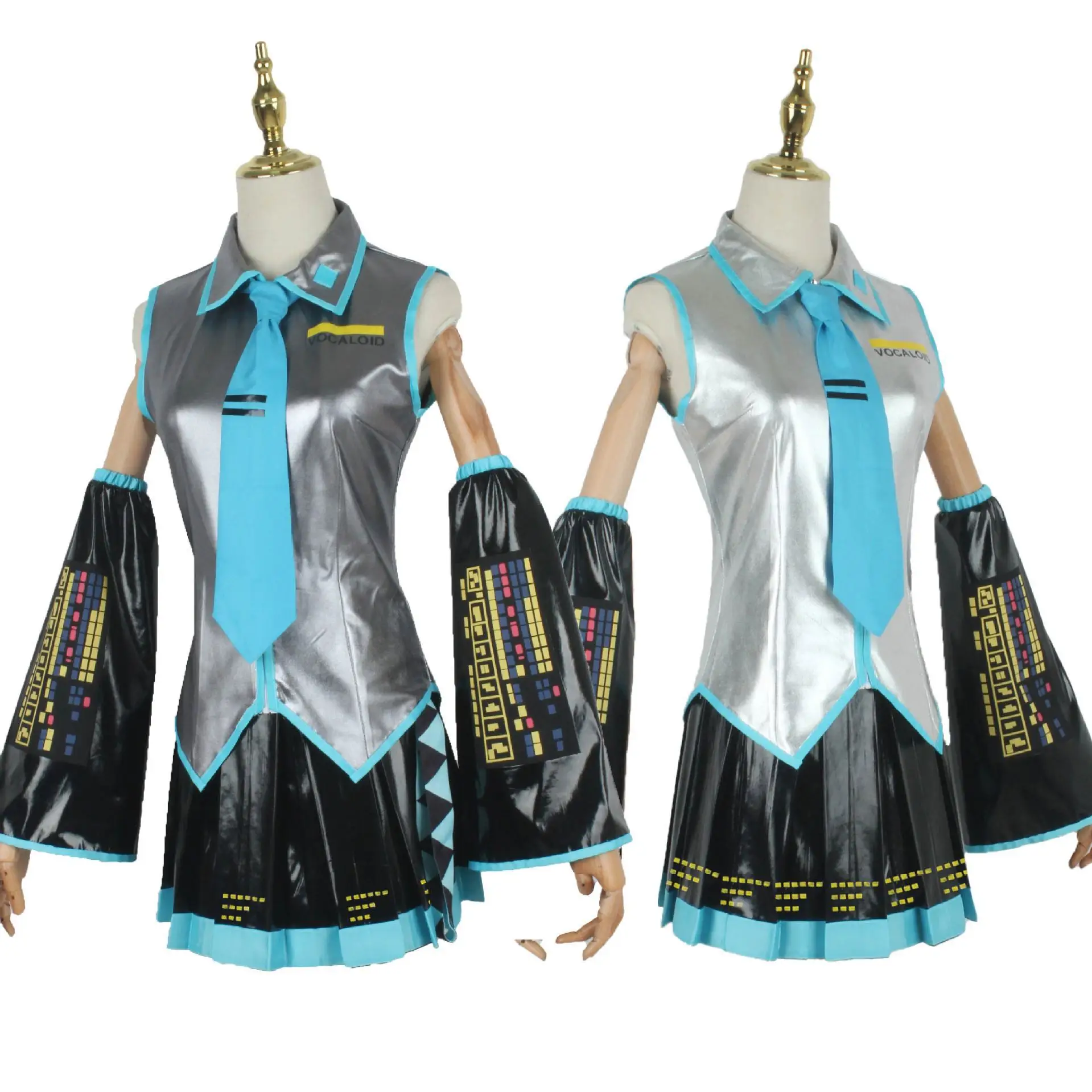 Miku Cosplay Full Set Silver Grey Patent Leather Fabric Suit Miku Cosplay Wig Shoes Headwear Props Costume Outfit JK Uniform