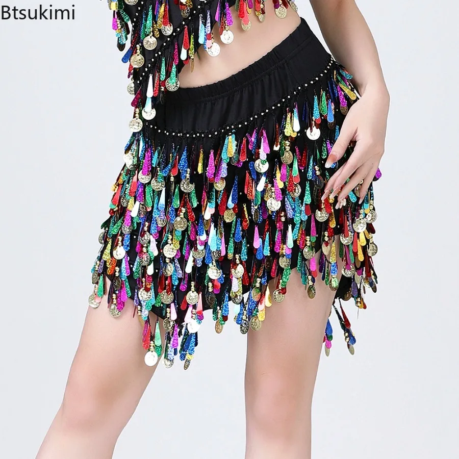 

Новая женская сверкающая полуюбка с пайетками, красочная юбка с кисточками для выступления на сцене, костюм для латинских танцев на животе