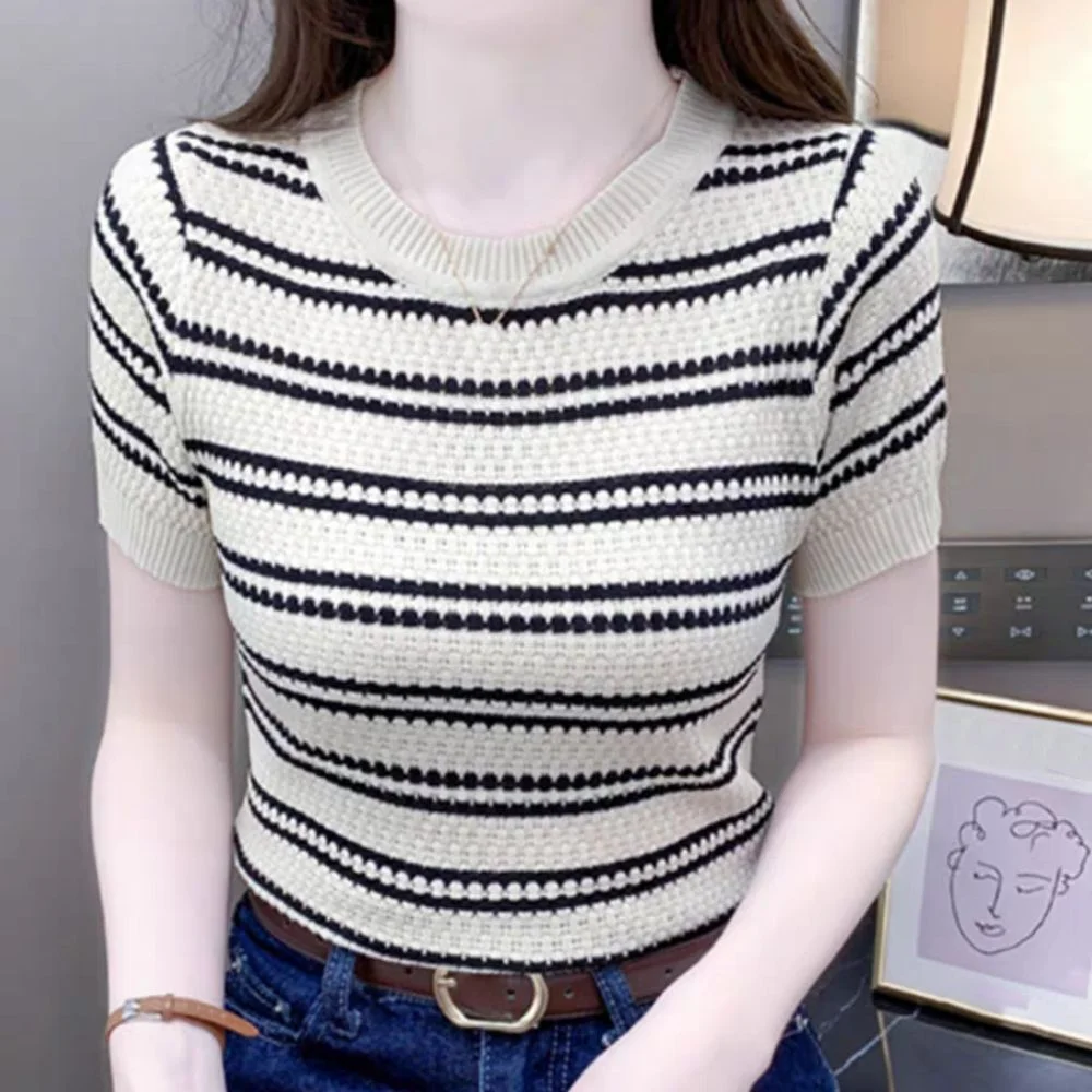 

Ins Short Sleeve Crop Top Slim Fit Female Clothing Stripe Knitted T-shirt Sweet Bottoming Shirt Knitwear Women Summer