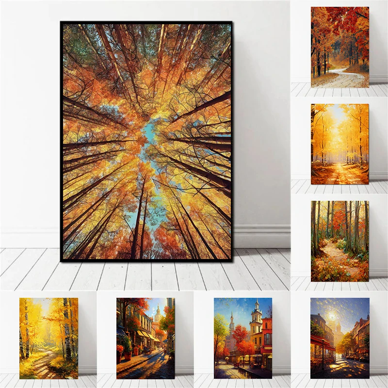 Klassisches und wunderschönes Kunstposter mit Herbstwald- und Cottage-Landschaft, Diamantdruck, Wanddekoration für Zuhause, Zimmer, Gemälde, rahmenlos