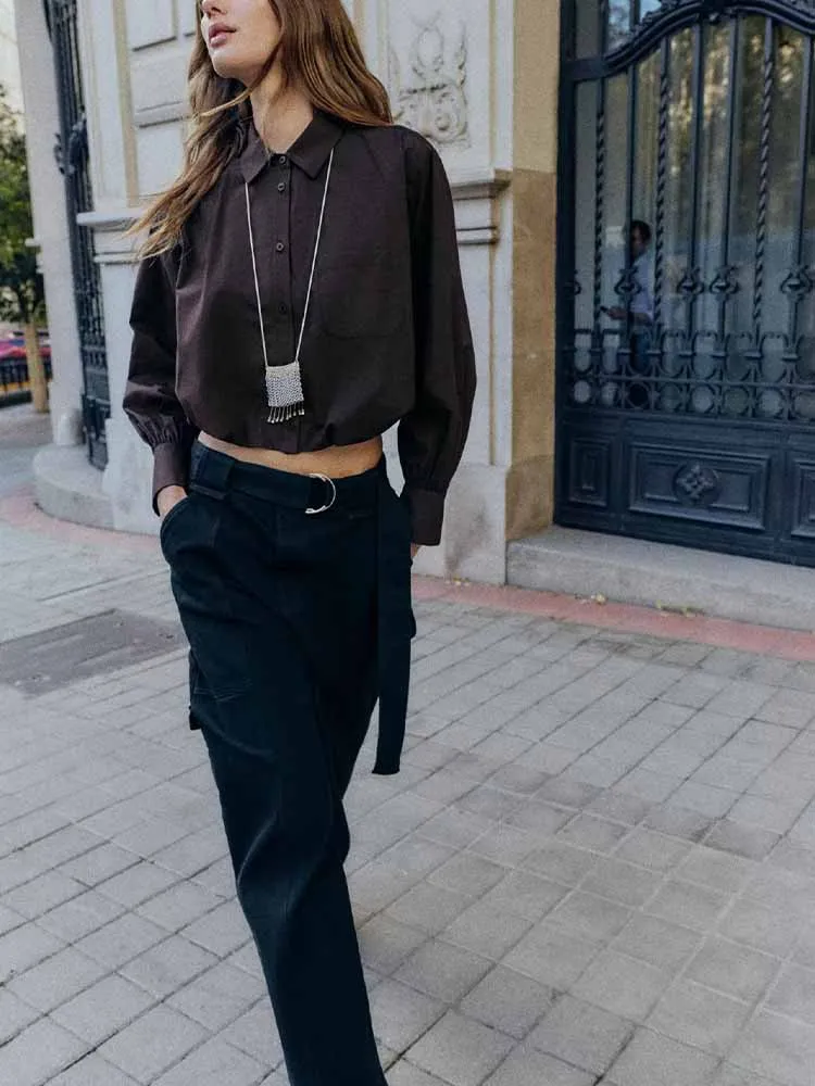 

European and American style winter new arrival fashionable and simple casual women's long-sleeved collared poplin shirt