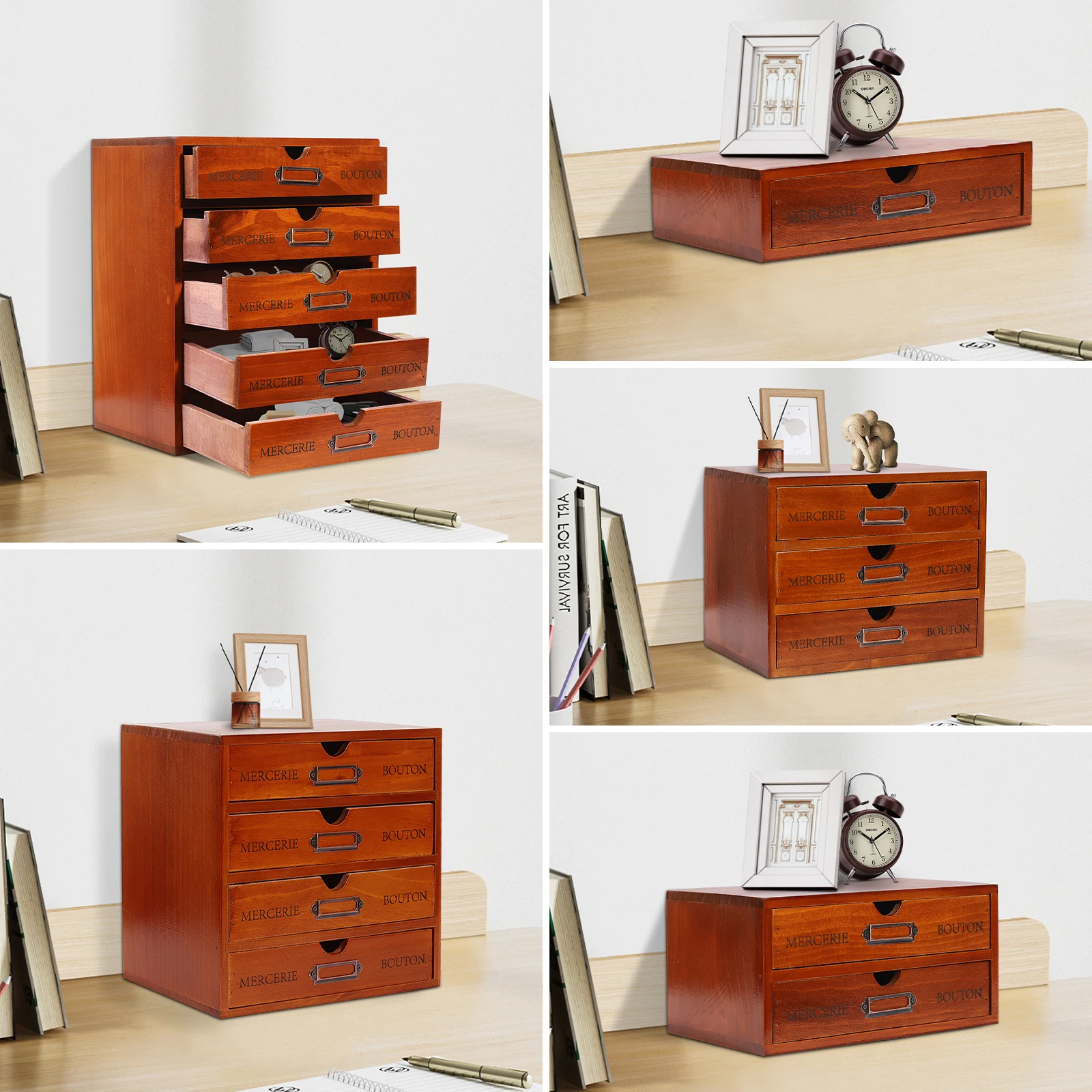 5Pcs Wooden Desktop Organizer, Storage Box with 1/2/3/4/5 Drawers, Vintage Storage Drawer Organizer