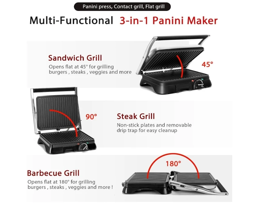 Panini Press Grill, 4 Slice Panini Maker with Temperature Control, 3-IN-1 Sandwich Maker Indoor Grill,  Removable Drip Tray