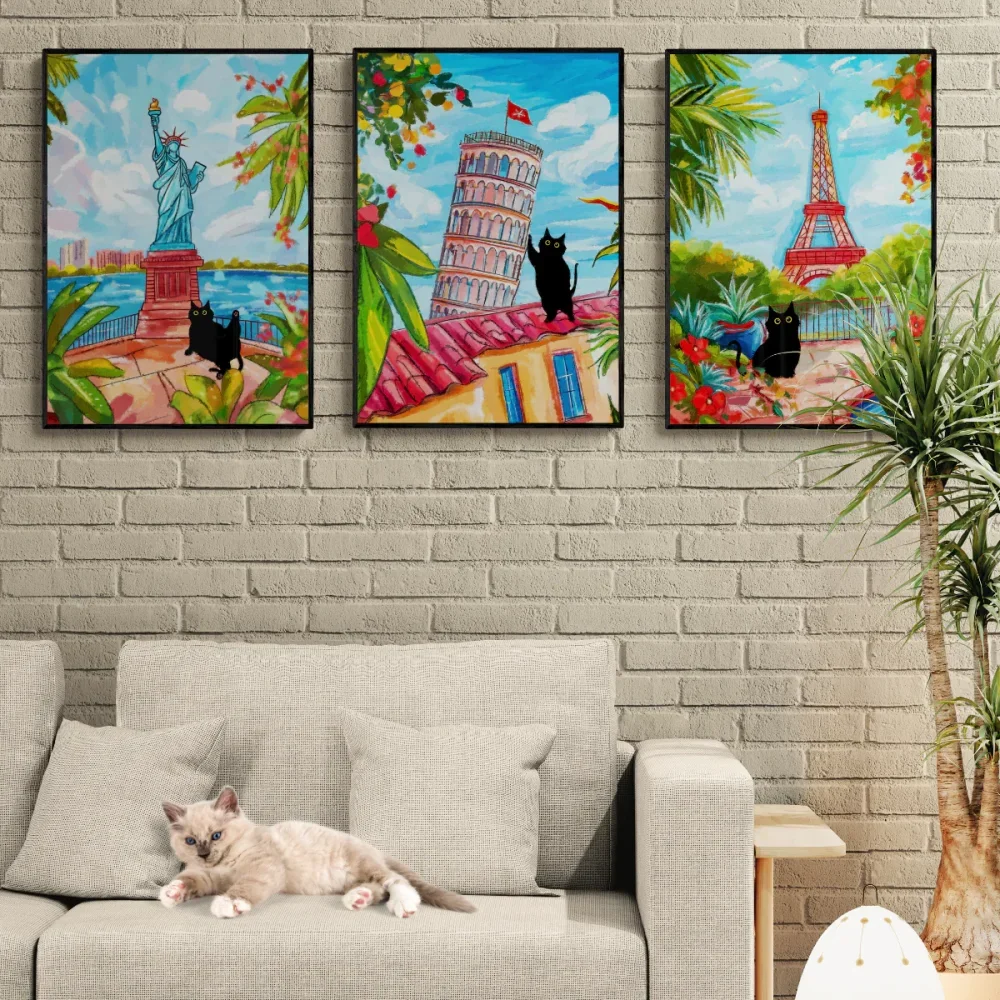 Famous Building with Cat Poster The Eiffel Tower Leaning Tower of Pisa Statue of Liberty Posters Print on Canvas Home Wall De