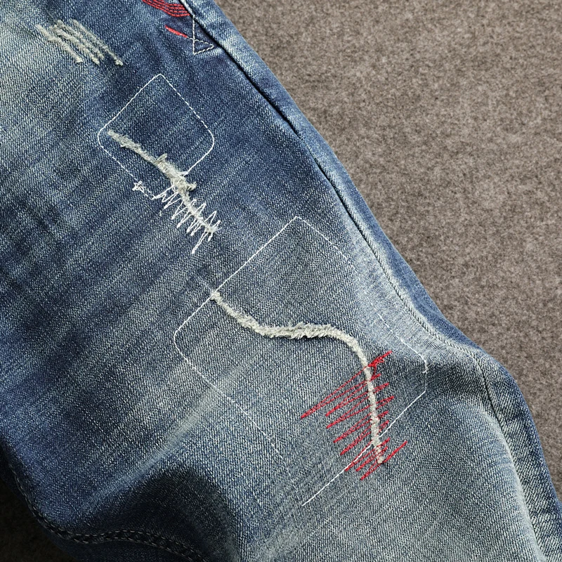 Street Fashion Men Jeans Retro Blue Stretch Slim Fit Embroidery Patched Ripped Jeans Men Vintage Designer Denim Pants Hombre