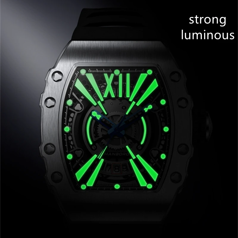 HANBORO Luxury Watch For Men Watches Automatic Mechanical Stainless Steel Watches Carbon Fiber Ring Calendar 2023  Mouth Horloge