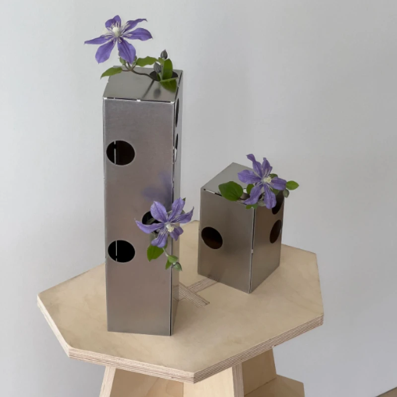 Round Window Vase Stainless Steel Vases Minimalist Flower Arrangement Desktop Ornament Square Design Simple Jarrones Ваза