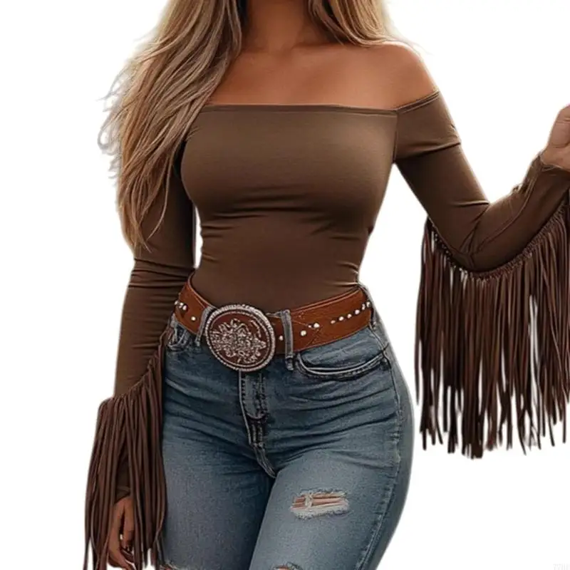 77HE Womens Retro Western Cowgirl Off Shoulder Fringe Top Long Sleeve Stretch Tassels T-Shirt for Autumn Comfort Fashion Wear