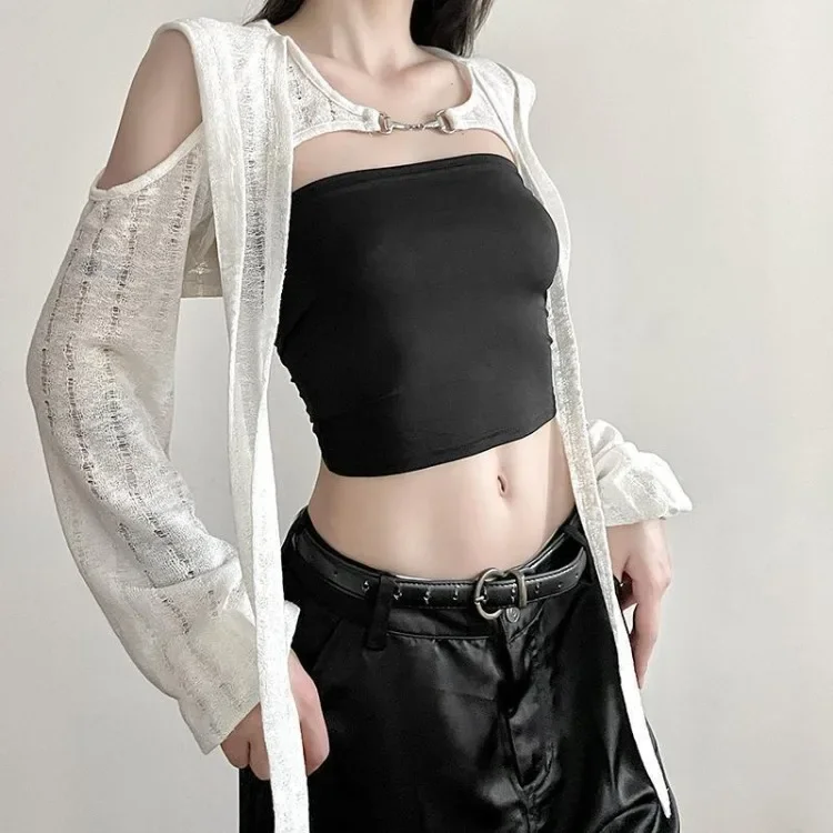 American Street Hoodie Tops Women Summer New Long Sleeve Hollow Out T-shirt Y2k Gothic Crop Slim Fit All-match Black Tee Shirt