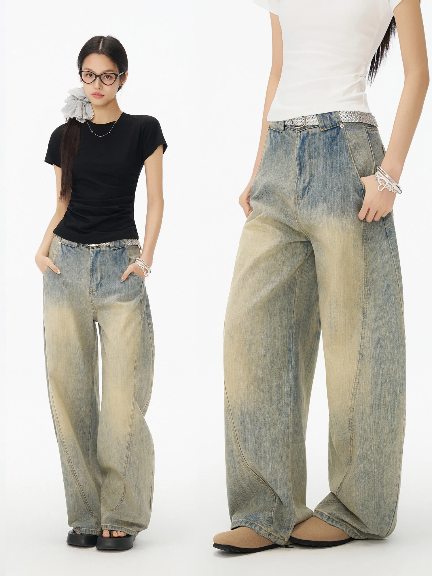 Calça Jeans Vintage Lavada Estilo Americano Bosie com Corte Reto e Perna Larga para Homens e Mulheres, Cintura Baixa com Bols...