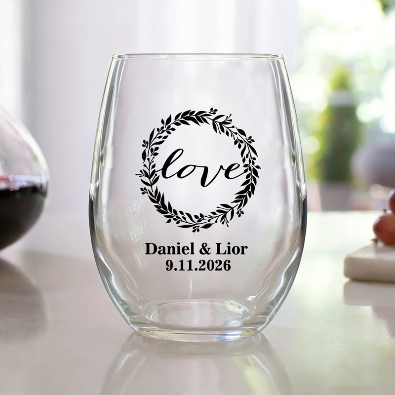 

Personalized Wedding Glasses - 12oz Stemless Wine Glass, Custom Wedding Gift for Guests Bridesmaid Gift Bachelorette Party Gifts