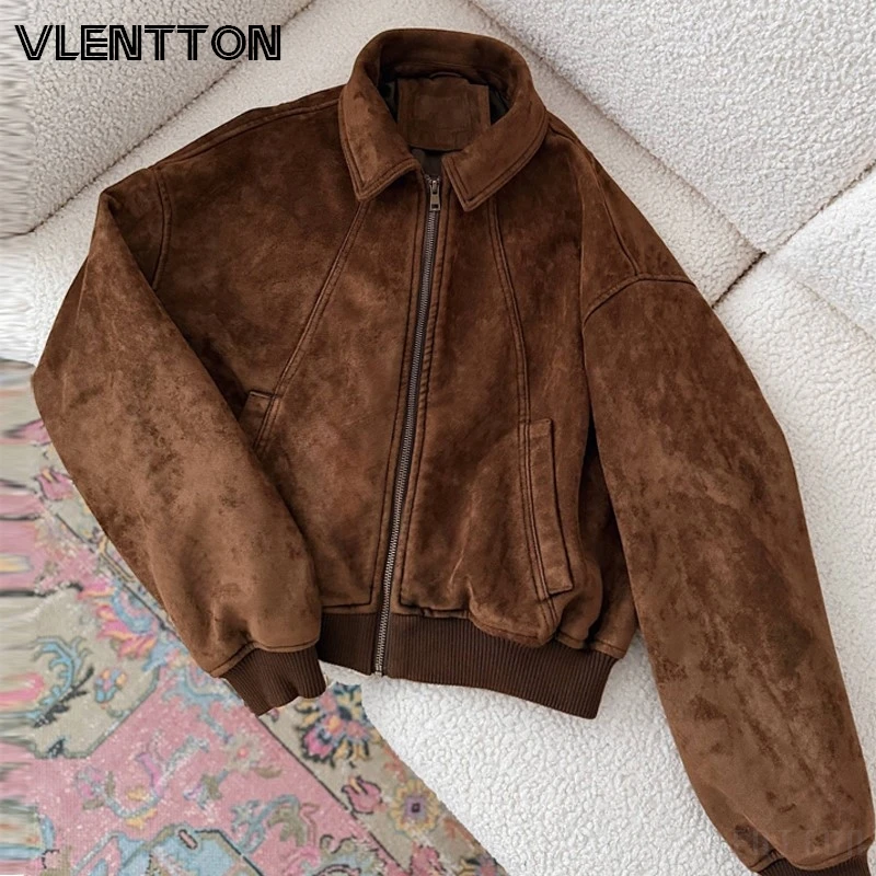 Women's Suede Zip-Up Jacket Coat with Pockets - Spring/Fall