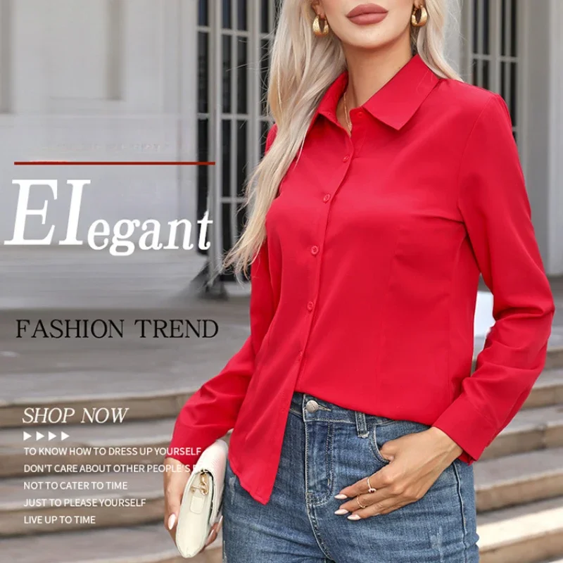 Plus Size Red Shirt Women Fashion Business Shirts Office Lady Long Sleeve Blouse Slim Women Clothing Button Up Shirt Ladies Tops