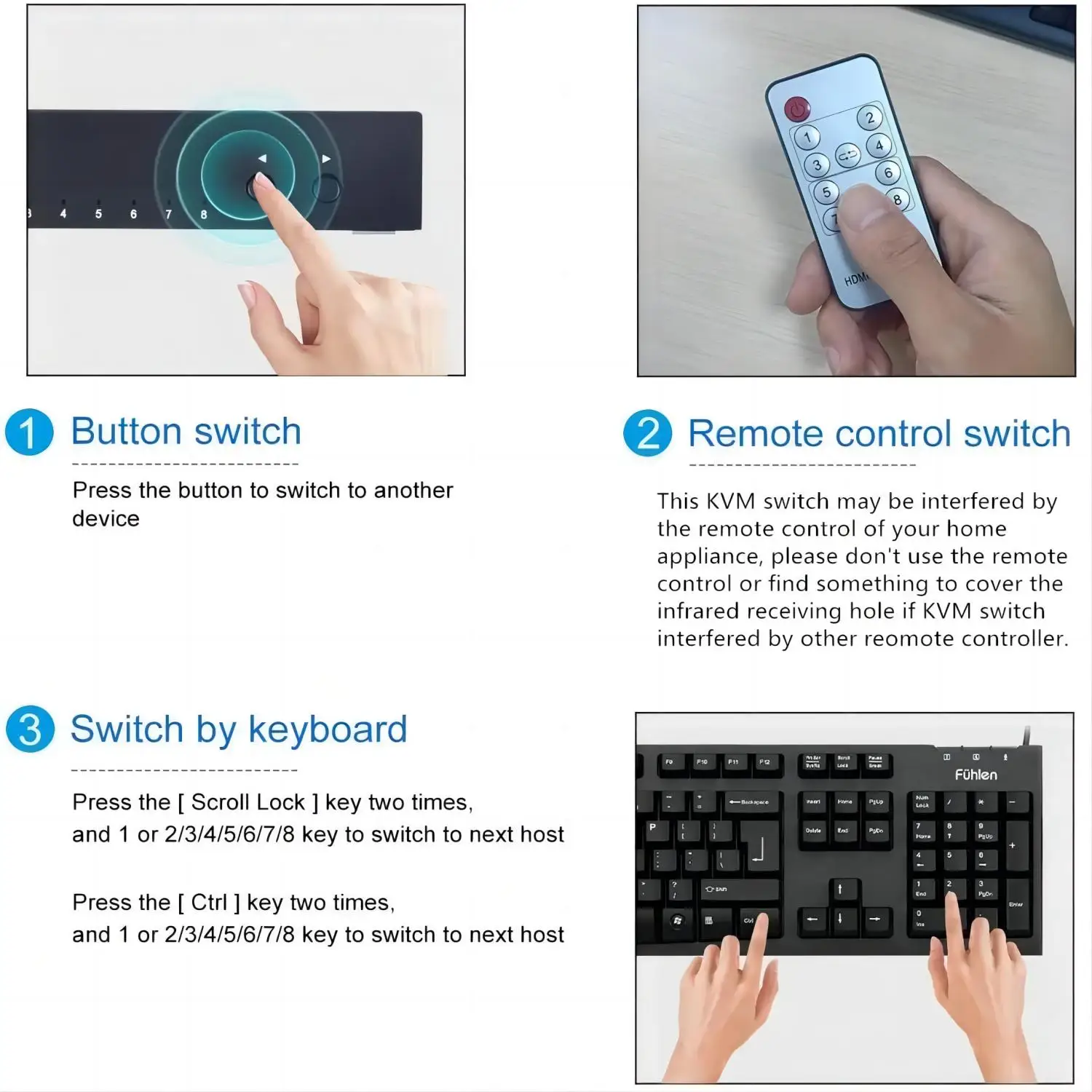 KVM USB Switch, Aimos 8 in 1 Out HDMI Switcher Box Support 4K@30Hz for 8 PC Share Keyboard and Mouse, Support USB Hub Connect