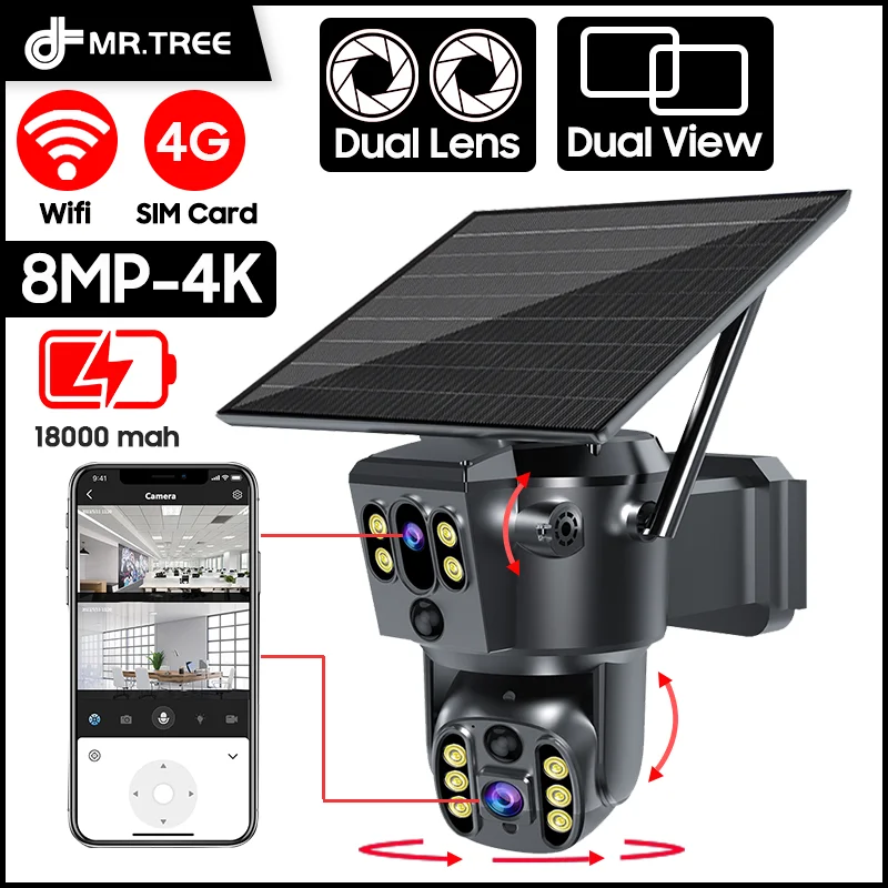 

Уличная IP-камера MR TREE с двумя объективами, 4K, 4G SIM/Wi-Fi, отслеживание человека, 6 МП, PTZ, цветное ночное видение